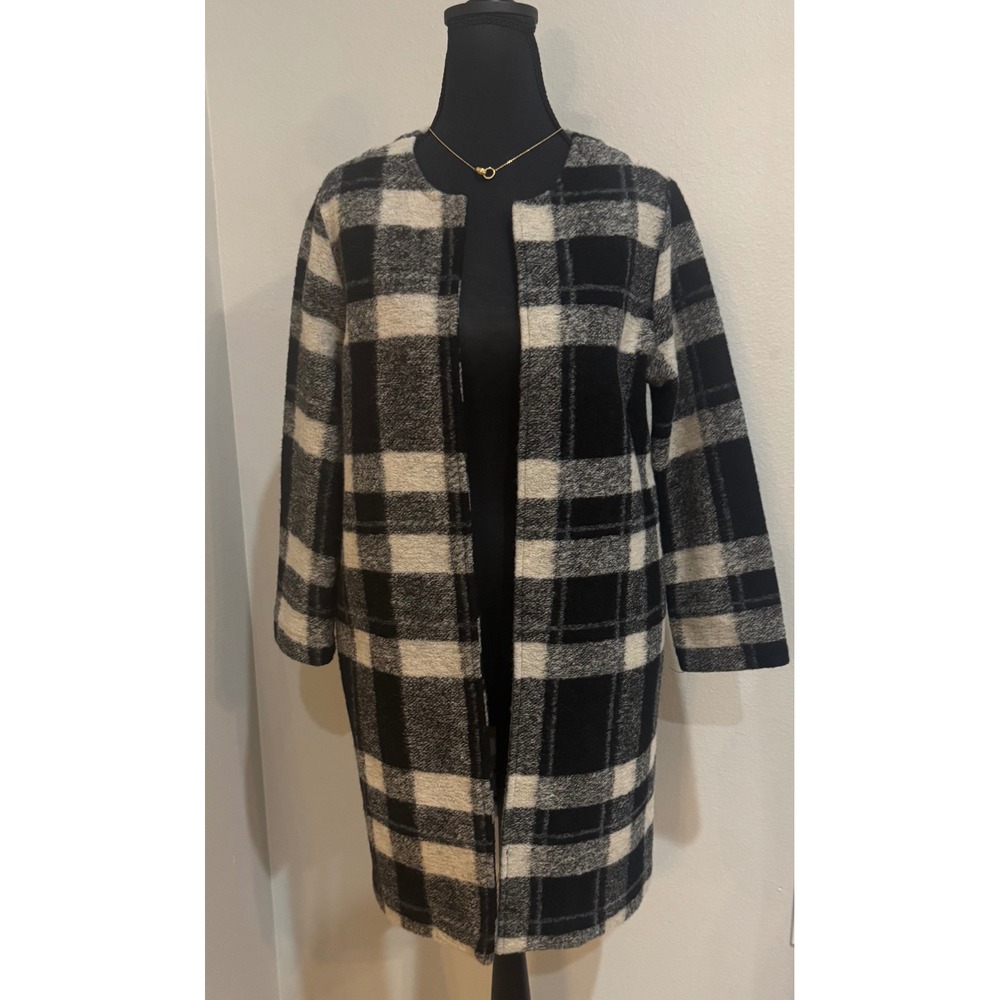 Aspen Plaid Coat Open Front Jacket Black Beige Career Casual‎ Size S